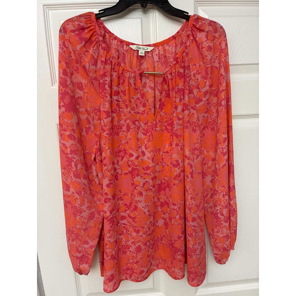 Pioneer‎ Woman Women's 1X Pink Orange Floral Boho Tunic Long Sleeve Blouse